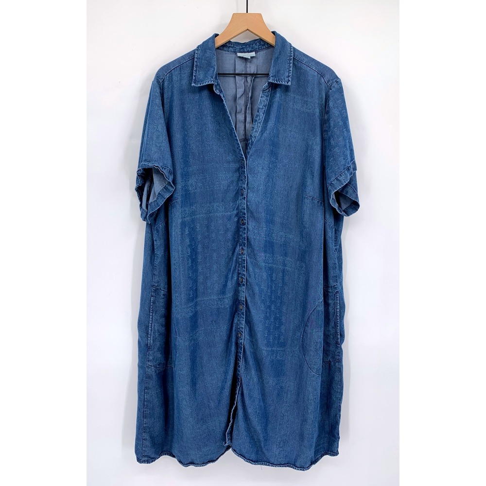 J Jill Denim Dress Women 3X Blue Tencel Button Front Floral Paisley Pockets